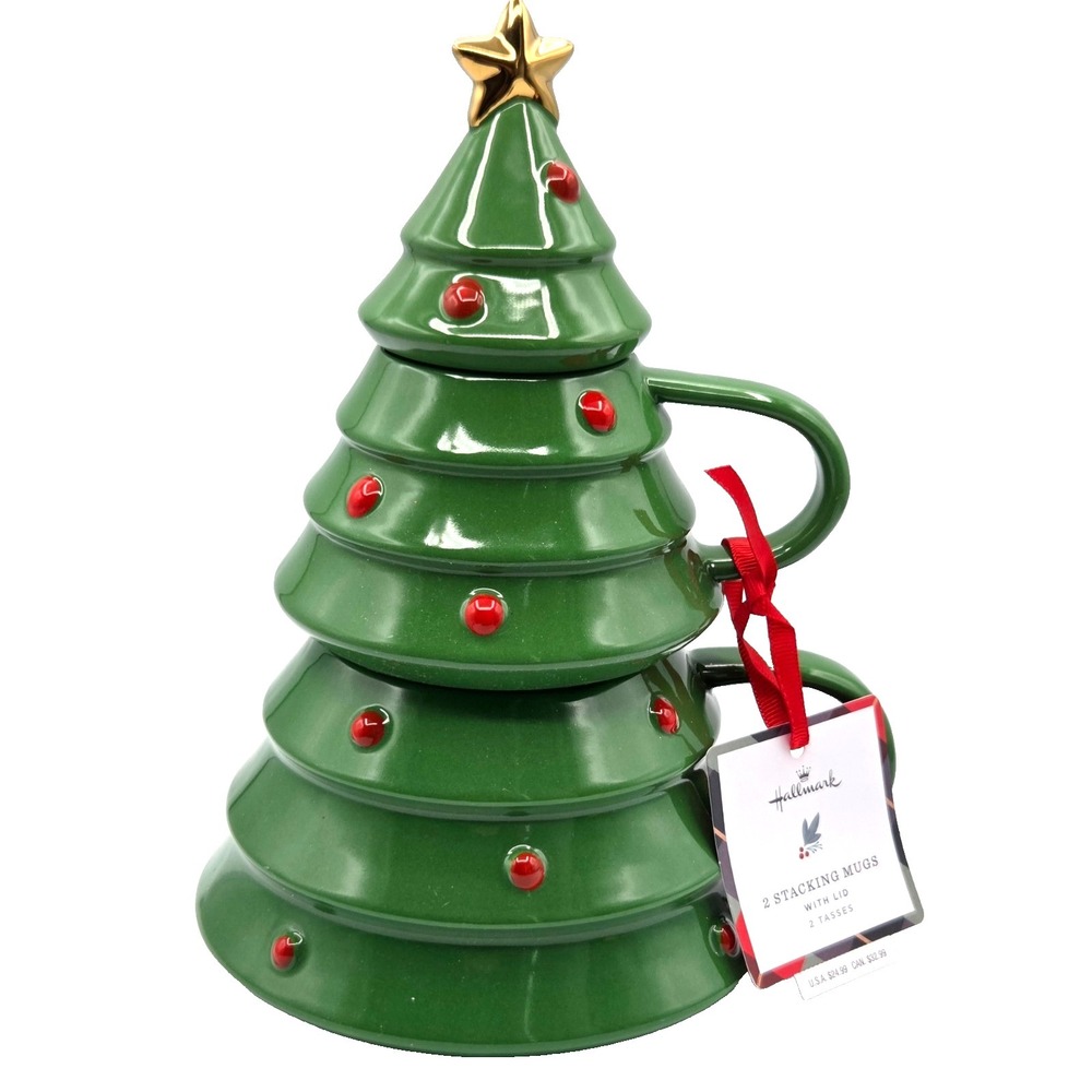 Hallmark Christmas Tree Stacking Mugs & Lid NWT 10" Coffee Hot Chocolate